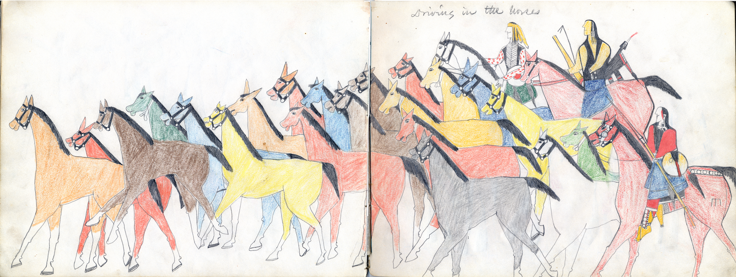 Ledger drawings showing horses and Native Americans
