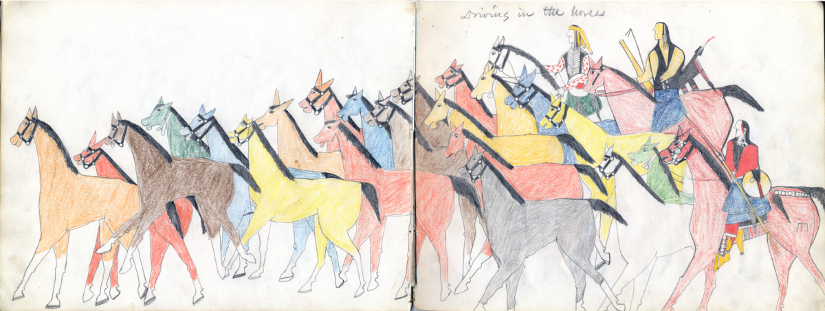 Koba | Wild Horse (Kiowa | Cáuigú), Driving the Horses - Koba-Russell Sketchbook, 1875. colored pencil on paper. PILA Collection - Special Collections, Geisel Library, UC San Diego.