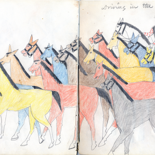 A herd of horses drawn on ledger paper