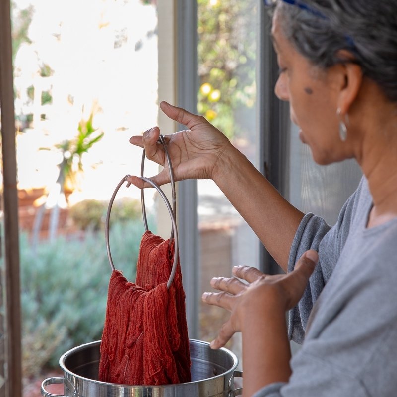 Sarah Winston describing her dyeing process as she pulls fibers from a vat of bright red cochineal dye.