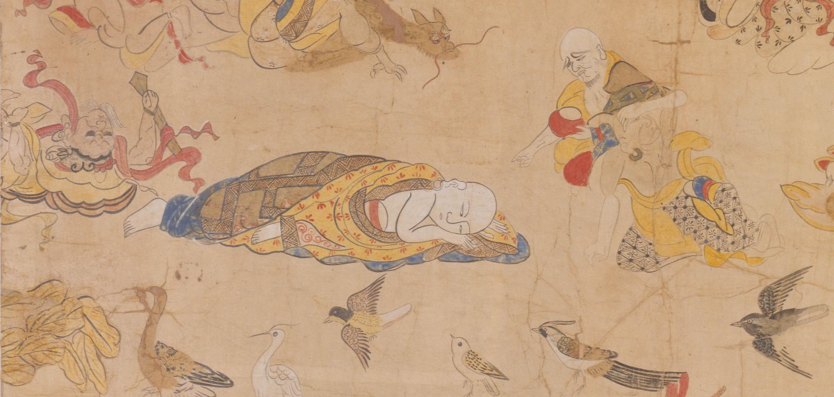 Scroll - Death of Buddha (Paranirvana) (detail), Tori (or Kuro) Kawa, Early 18th Century, Japan, silk paper, pigment. Collection Mingei International Museum. Bequest of John Boehme in memory of Marion Stephenson Jennings. Photo by Lynton Gardiner. 1980-14-001.