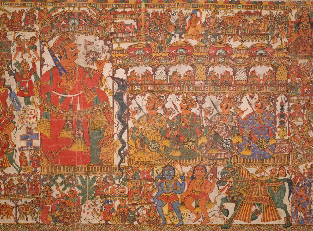 Painting On Cloth Banner (Pabuji Ka Pata), Roopsi Arts,  Early 19th Century, Udaipur, Udaipur, Rajasthan, India, Gouache. Collection Mingei International Museum. Gift of Mr. and Mrs. Millard Sheets. Photo by Lynton Gardiner. 1984-25-001.