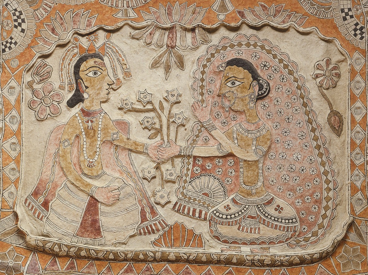 Mithila Plaque- Bride and Groom, 1978, Bihar, India, papier mâché, dung. Collection Mingei International Museum. Gift of the Smithsonian Institution - Festival of India. Photo by Lynton Gardiner. 1985-22-014.