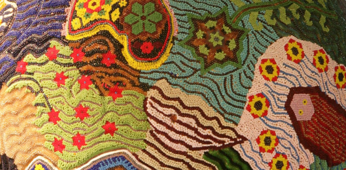 Globe, Rosendo Carrillo de la Rosa, Huichol January 22 - February 9, 1997, Santa Catarina, Jalisco, Mexico, glass beads (detail), beeswax. Collection Mingei International Museum. . Photo by Lynton Gardiner. 1996-94-001.