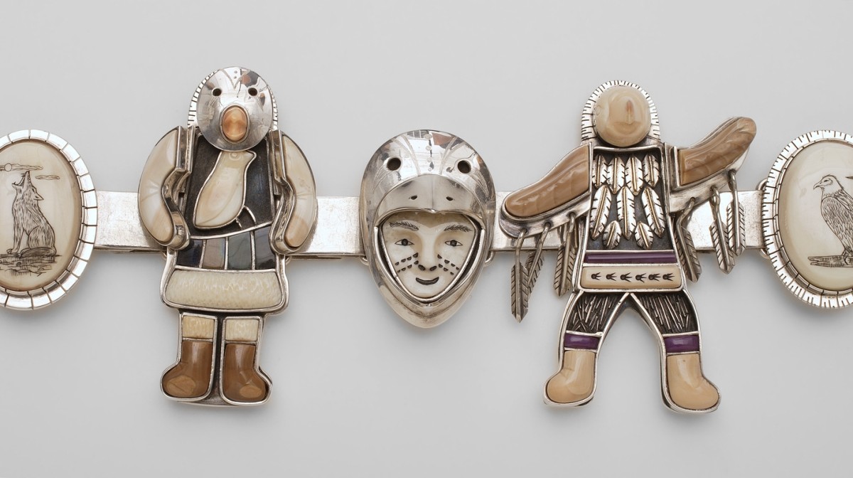 This belt shows five Arctic shamans with their spirit helpers in the act of transformation. Each shaman has four simultaneous components: animal/shaman, mask, animal transformed, and animal etching.