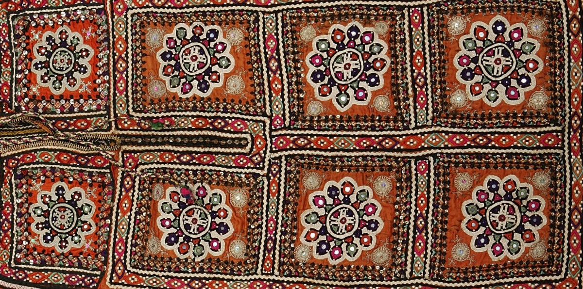 Woman's Wedding Tunic (Chola) (, 20th Century, Lohana community, Sindh Province, Hyderabad Dist., Pakistan, silk, cotton, synthetic fabric, silk floss thread, sequins, mirrors. Collection Mingei International Museum. Gift of Stephen Huyler. Photo by Lynton Gardiner. 2006-81-381.