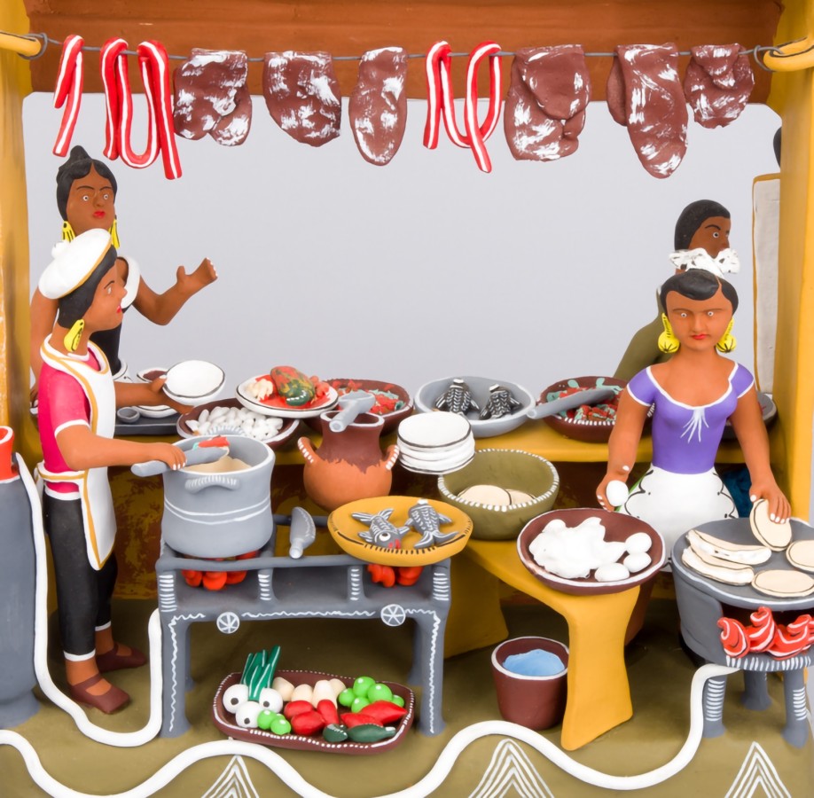 Zenaida Rafael Julián, Restaurant Scene (detail), 2006. Ocumicho, Michoacán, Mexico, painted clay. Mingei International Museum Purchase, 2009-48-002