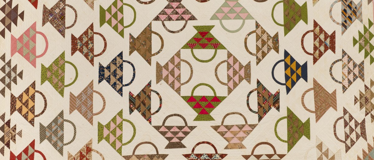 Early Quilt - Basket (detail), unidentified maker, 1840s, Philadelphia, Missouri, cotton on thin and even (batting) - muslin backing (backing). Collection Mingei International Museum. Gift of Pat L. Nickols. Digitization made possible through the Quilter's Guild of Dallas, Quilt Accessibility Project. Photo by Tim Siegert. 2012-35-081