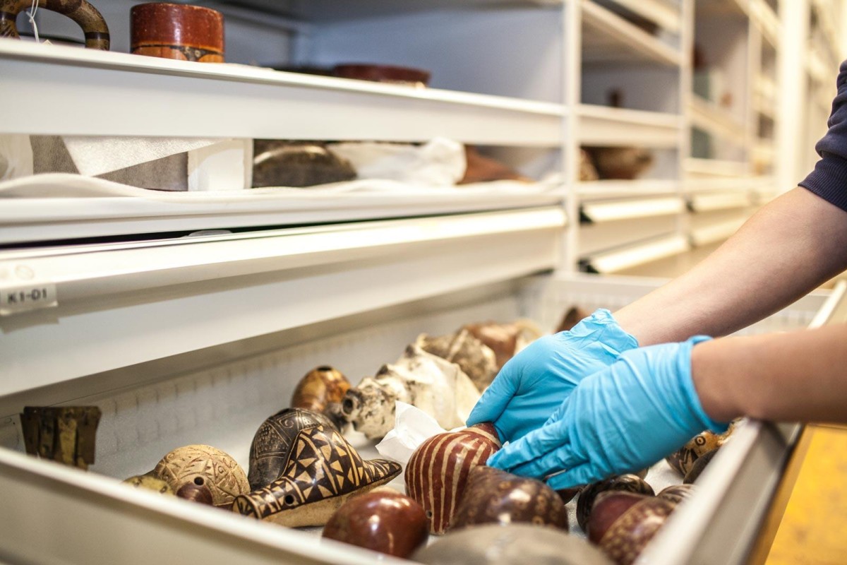 Image of Pre-Columbian objects in collections storage, Mingei International Museum. Photo by Katie Gardner.