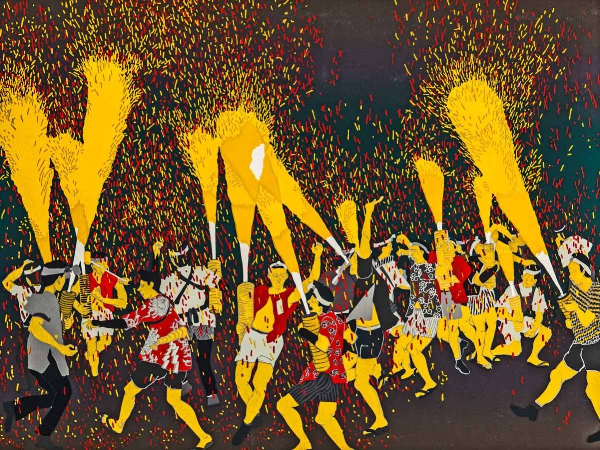 Hand-Carrying Fireworks, 65/75, Masaaki Tanaka,  1981, Siguoka Prefecture, Japan, Silkscreen print. Collection of Maurice Kawashima. Photo by Ken Kondo. L76-02-035