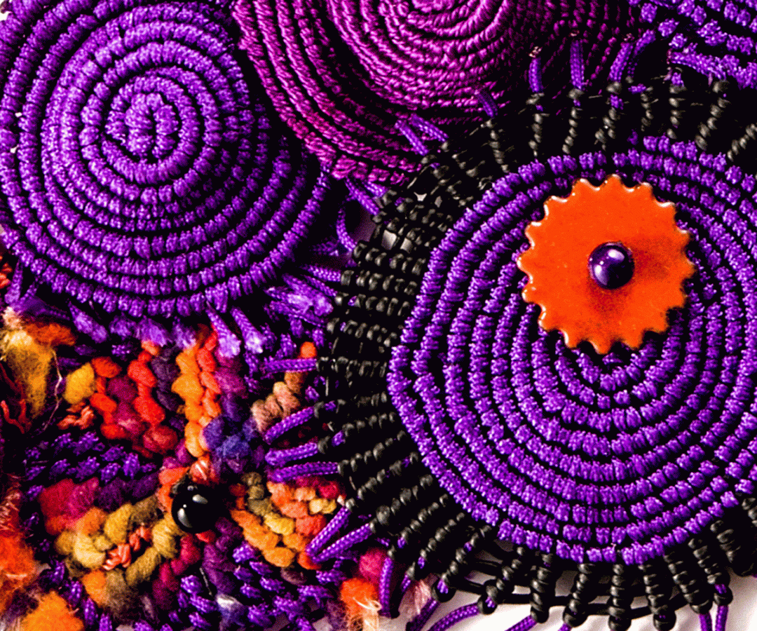 Purple Hat Dance (detail), Sandy Swirnoff, (*), 2014, San Diego, California, nylon thread, ceramic bead, enameled beads, onyx beads. Collection of the Artist. Photo by Katie Gardner