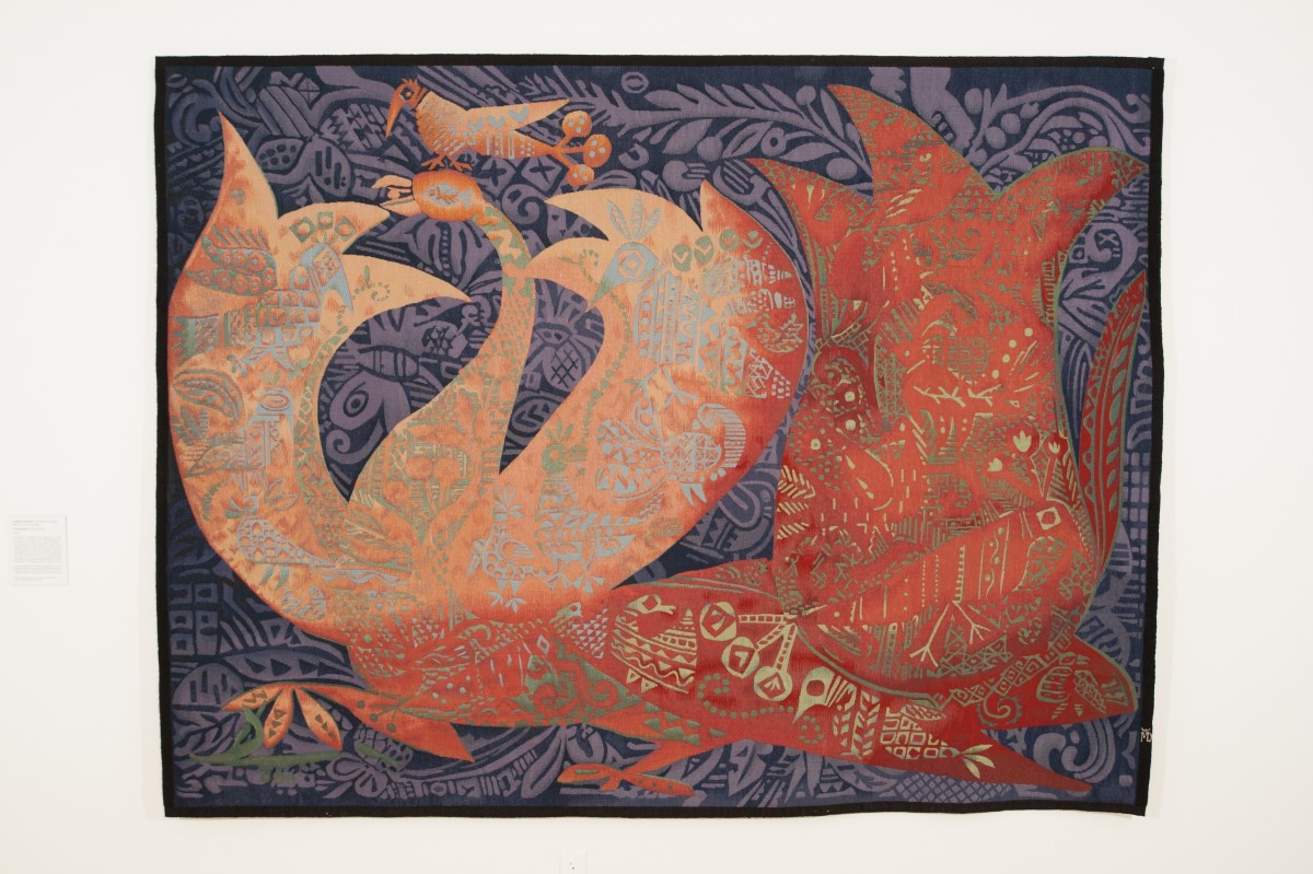 Tapestry - Fire Peacock(detail), Joseph Domjan, New York, U.S.A., Wool, cotton, linen. Collection Mingei International Museum. Gift of Michael Domjan in honor of Evelyn Domjan. 2008-58-001.