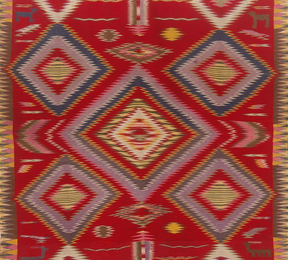 Blanket (detail), 1865-1880, Dine (Navajo), Germantown wool, aniline dyes. Collection of Mingei International Museum. Gift of Margaret A. Cargill / The Akaloa Resource Foundation and Mingei International Connoisseurs. 2004-50-001