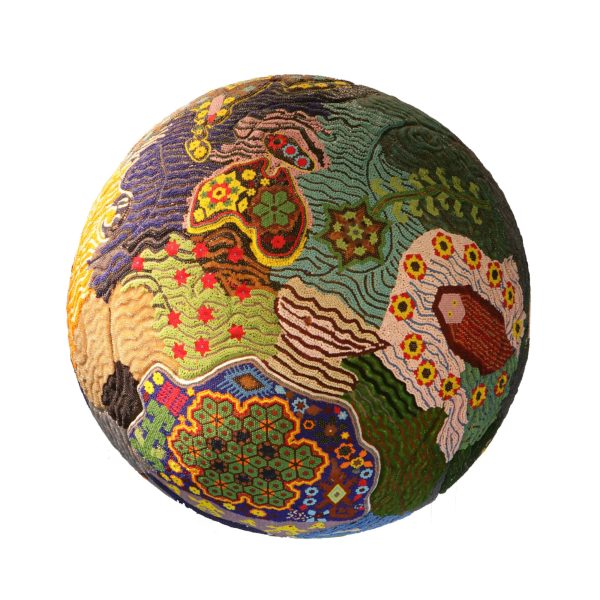 Globe, Rosendo Carrillo de la Rosa, Huichol January 22 - February 9, 1997, Santa Catarina, Jalisco, Mexico, glass beads, beeswax. Collection Mingei International Museum. . Photo by Lynton Gardiner. 1996-94-001.