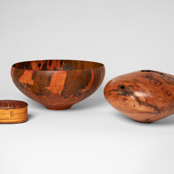 Left to Right:
Thomas Marainen, Butter Box, c. 2006. Birch. 3 ½ x 7 x 4 ½ in.  Gift of Courtenay McGowen, 2016-233-003a-b; Gene Blickenstaff, Bowl, 1997. Star pine. 8 1/8 x 17 1/2 in. Gift of the Artist, 1998-24-002; Mike Jackofsky, Hollow Form, 2001.  Black cherry burl. 8 ½ x 13 ½ x 13in.  Gift of the Artist, 2003-53-001.