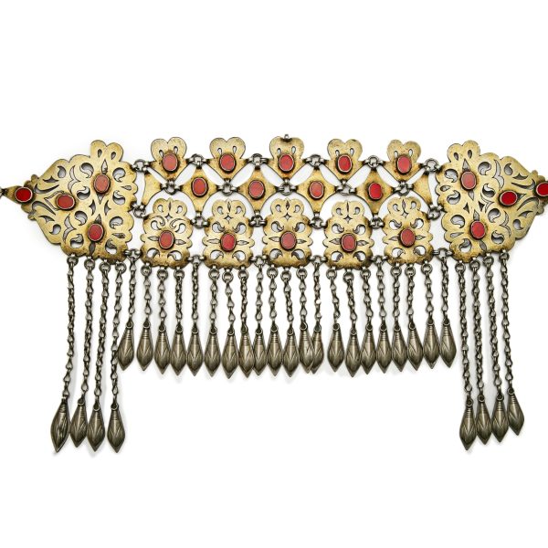 Headdress Ornament, Teke 1900-1910, Afghanistan, silver, gold wash, carnelian. Collection Mingei International Museum. Photo by Lynton Gardiner. 2001-03-011.