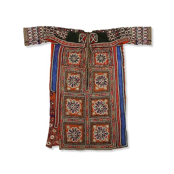 Woman's Wedding Tunic (Chola), 20th Century, Lohana community, Sindh Province, Hyderabad Dist., Pakistan, silk, cotton, synthetic fabric, silk floss thread, sequins, mirrors. Collection Mingei International Museum. Gift of Stephen Huyler. Photo by Lynton Gardiner. 2006-81-381.