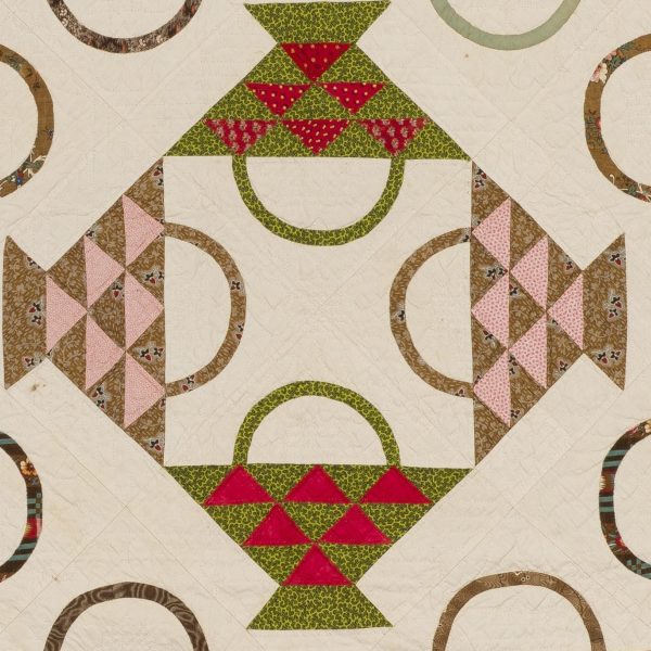 Early Quilt - Basket (detail), unidentified maker, 1840s, Philadelphia, Missouri, cotton on thin and even (batting) - muslin backing (backing). Collection Mingei International Museum. Gift of Pat L. Nickols. Digitization made possible through the Quilter's Guild of Dallas, Quilt Accessibility Project. Photo by Tim Siegert. 2012-35-081