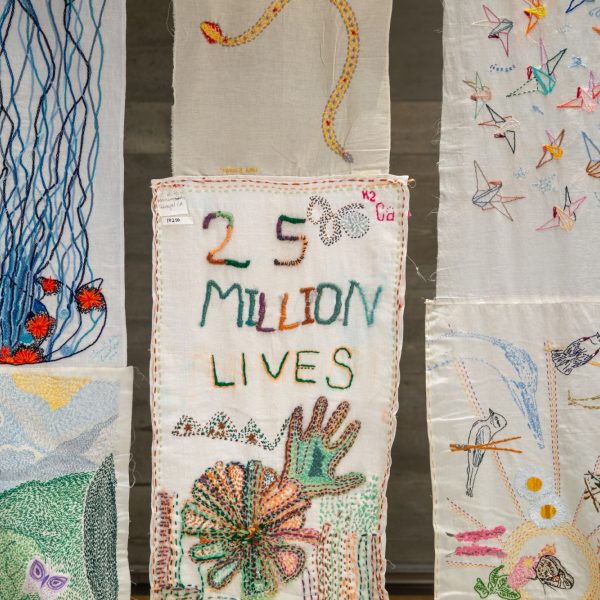 Hanging panel with embroidered words: 25 million lives.