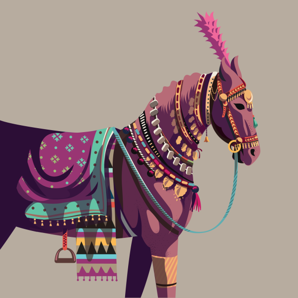 Adorned Horse Illustration by Ranganath Krishnamani featured in the exhibition, Trappings, by Mingei International Museum.