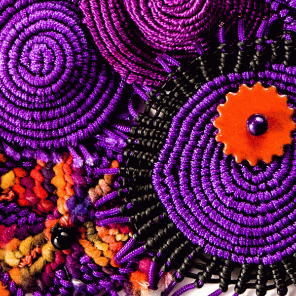 Purple Hat Dance (detail), Sandy Swirnoff, (*), 2014, San Diego, California, nylon thread, ceramic bead, enameled beads, onyx beads. Collection of the Artist. Photo by Katie Gardner