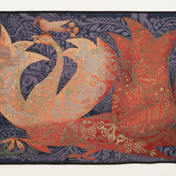 Tapestry - Fire Peacock(detail), Joseph Domjan, New York, U.S.A., Wool, cotton, linen. Collection Mingei International Museum. Gift of Michael Domjan in honor of Evelyn Domjan. 2008-58-001.