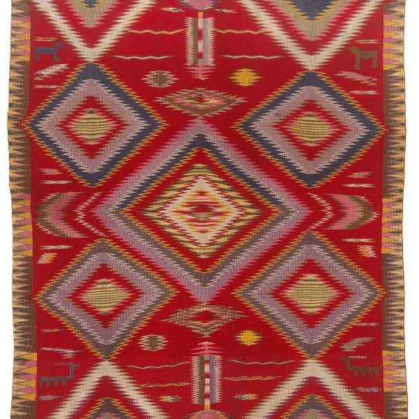 Blanket, 1865-1880, Dine (Navajo), Germantown wool, aniline dyes. Collection of Mingei International Museum. Gift of Margaret A. Cargill / The Akaloa Resource Foundation and Mingei International Connoisseurs. 2004-50-001